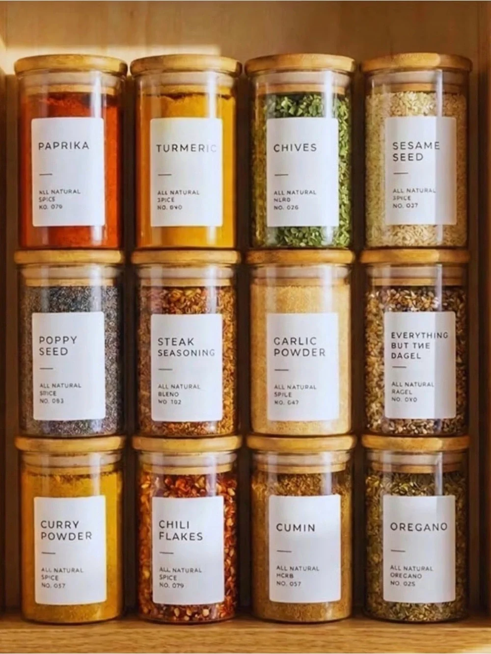 Bloomondo Empty Spice Jars with Label Pack (12x Bamboo Lid Glass Jar)